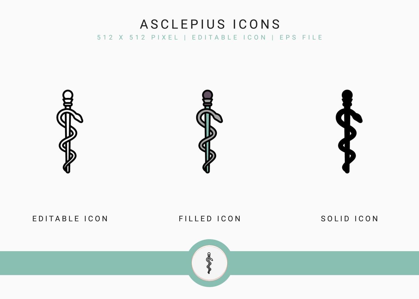 Asclepius icons set vector illustration with solid icon line style. Rod caduceus concept. Editable stroke icon on isolated background for web design, user interface, and mobile application
