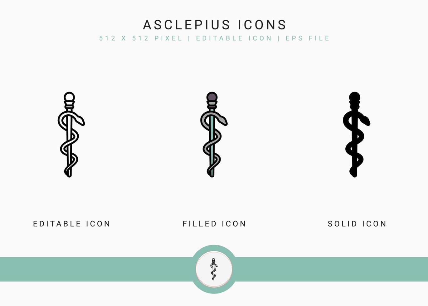 los iconos de asclepio establecen ilustración vectorial con estilo de línea de icono sólido. concepto de caduceo de varilla. icono de trazo editable en un fondo aislado para diseño web, interfaz de usuario y aplicación móvil vector