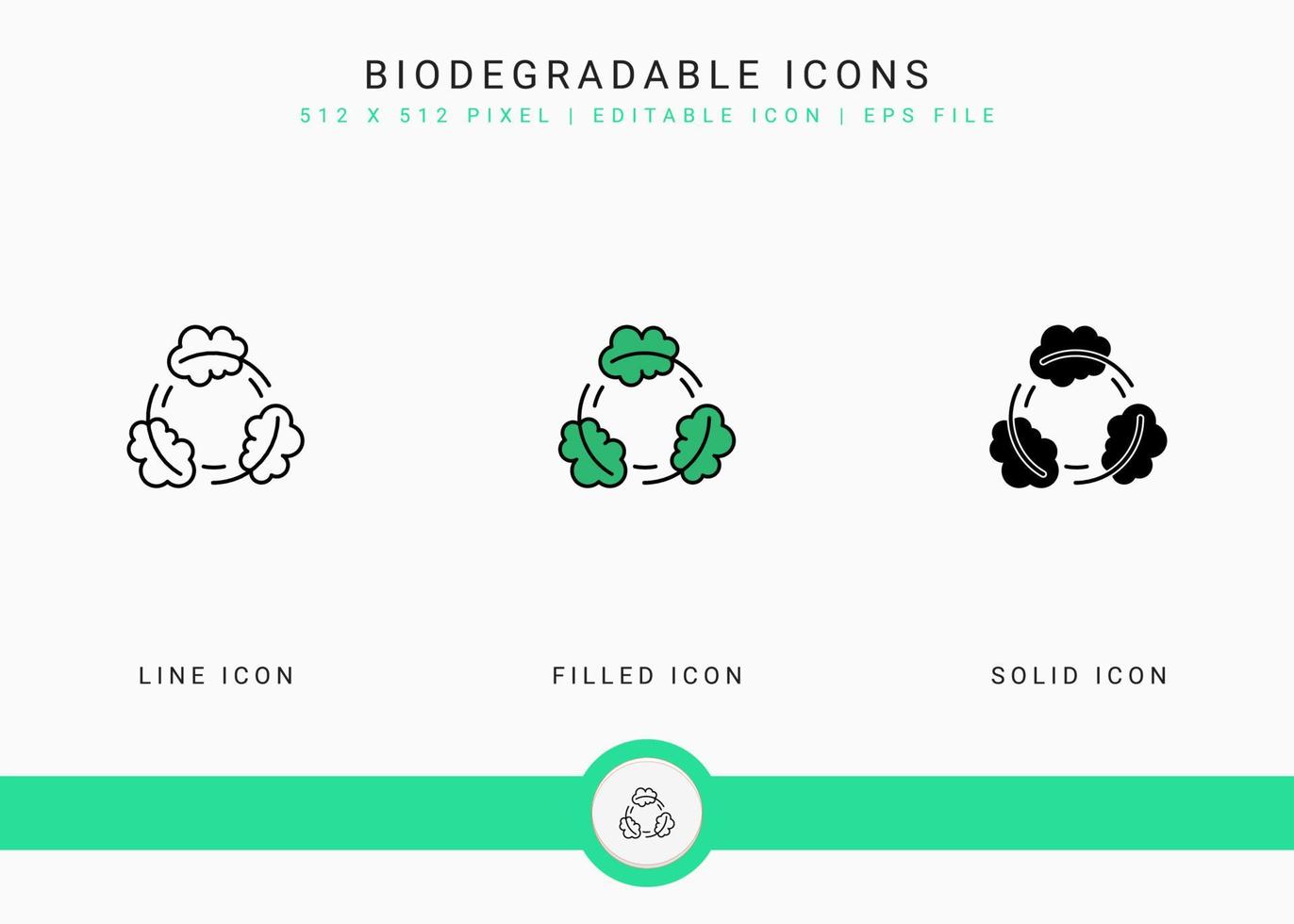 Biodegradable icons set vector illustration with solid icon line style. BPA free leaves concept. Editable stroke icon on isolated white background for web design, user interface, and mobile app