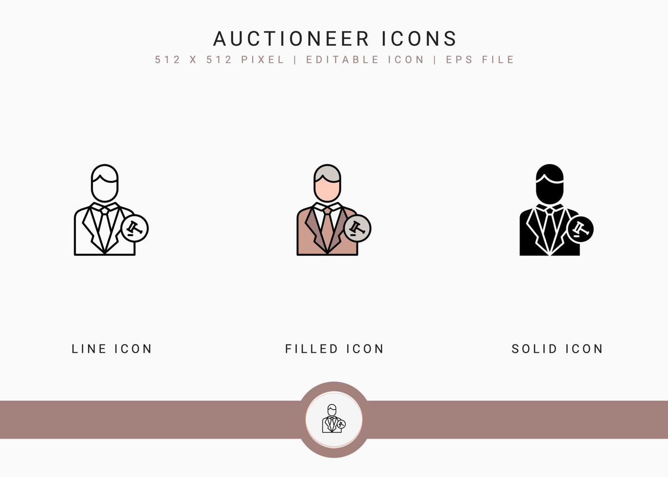 Auctioneer icons set vector illustration with solid icon line style. Auction act concept. Editable stroke icon on isolated background for web design, user interface, and mobile application