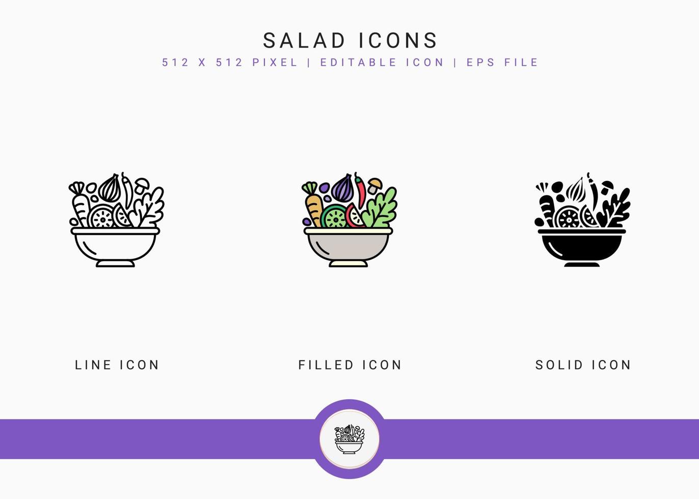 Salad icons set vector illustration with solid icon line style. Vegetable diet nutrition concept. Editable stroke icon on isolated white background for web design, user interface, and mobile app