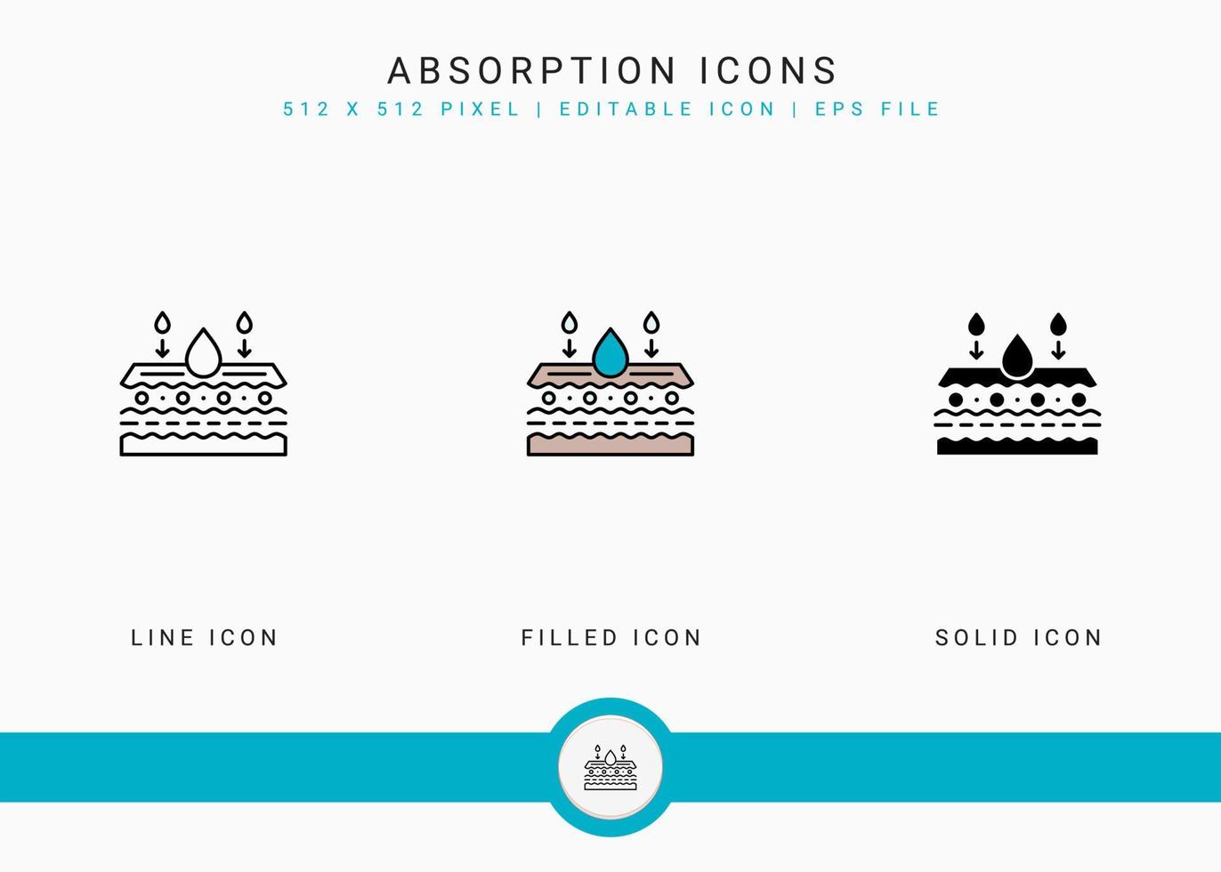 Absorption icons set vector illustration with solid icon line style. Skin moisture water concept. Editable stroke icon on isolated background for web design, user interface, and mobile application