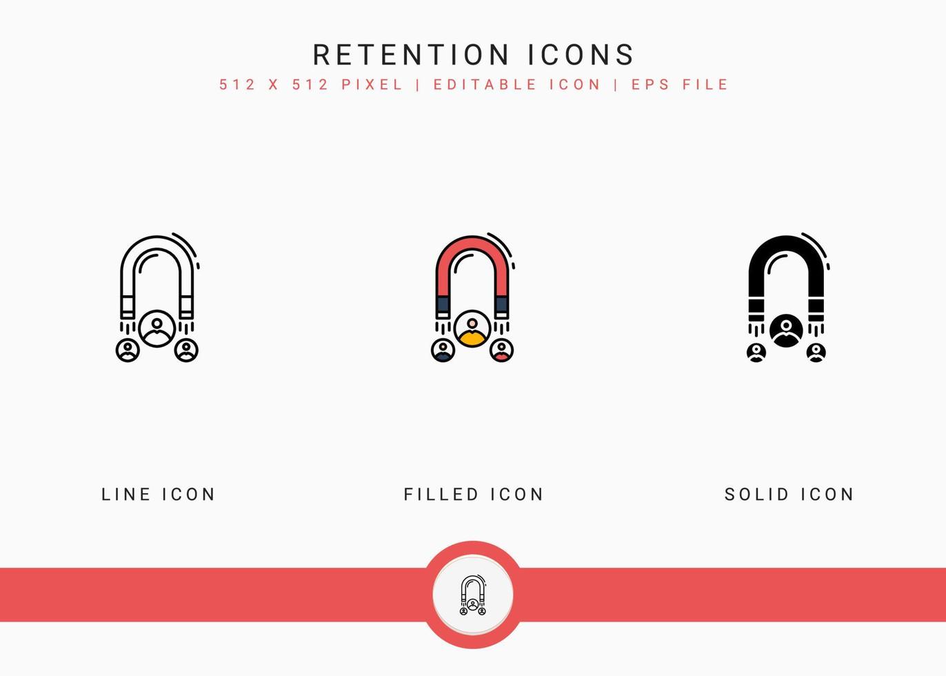 Retention icons set vector illustration with solid icon line style. Returning customer service concept. Editable stroke icon on isolated background for web design, infographic and UI mobile app.
