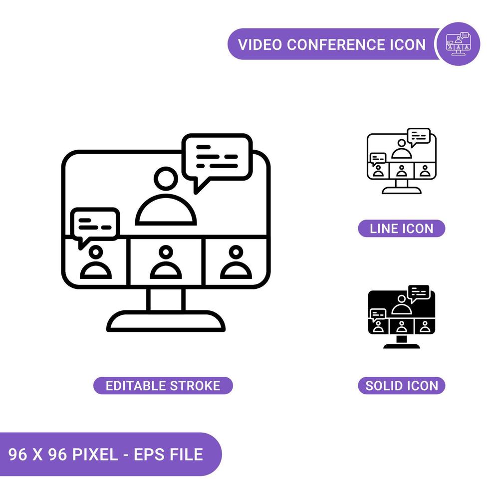 Video Conference icons set vector illustration with solid icon line style. Online communication concept. Editable stroke icon on isolated background for web design, infographic and UI mobile app.