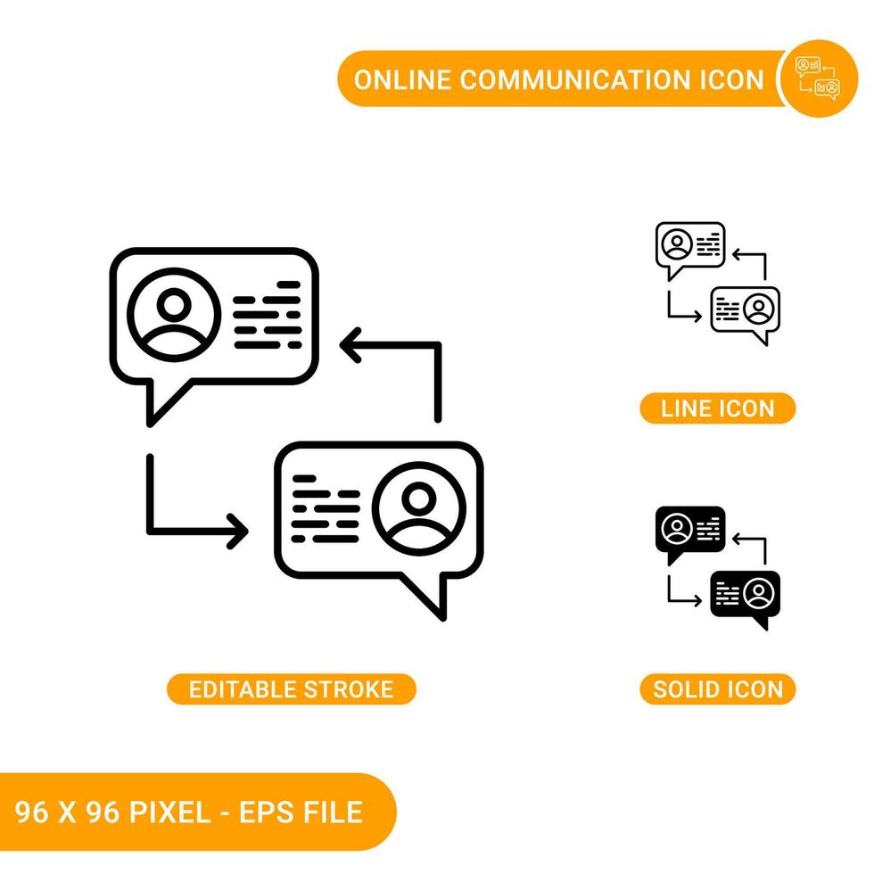 Online communication icons set vector illustration with solid icon line style. Virtual chat concept. Editable stroke icon on isolated background for web design, infographic and UI mobile app.