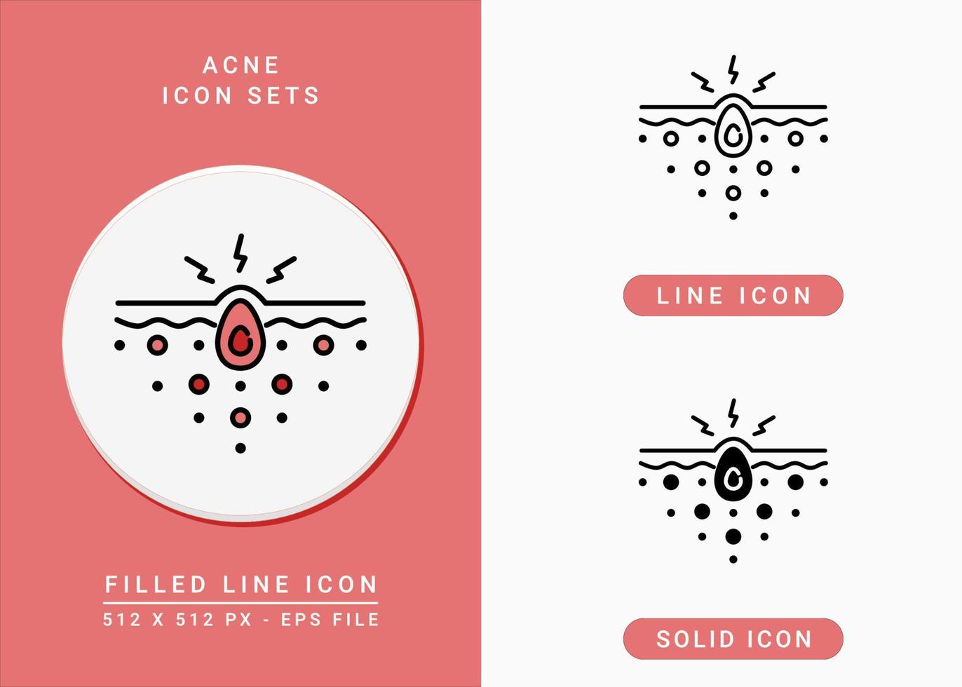 Acne icons set vector illustration with solid icon line style. Layer pore inflammation concept. Editable stroke icon on isolated background for web design, infographic and UI mobile app.
