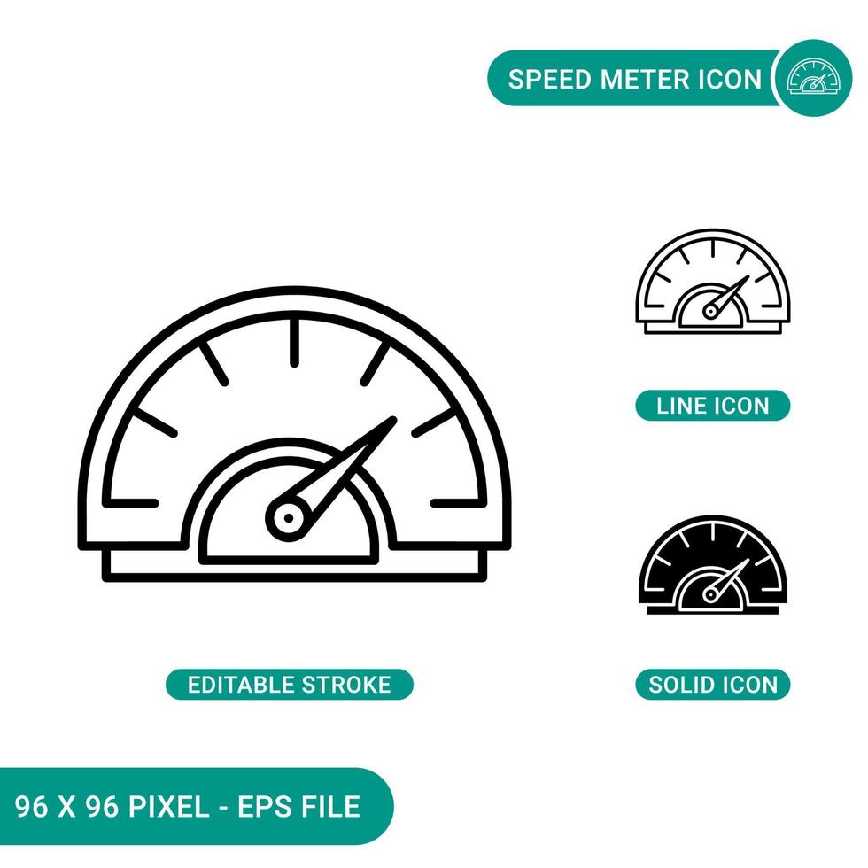 Speed meter icons set vector illustration with solid icon line style. RPM speedometer concept. Editable stroke icon on isolated background for web design, infographic and UI mobile app.