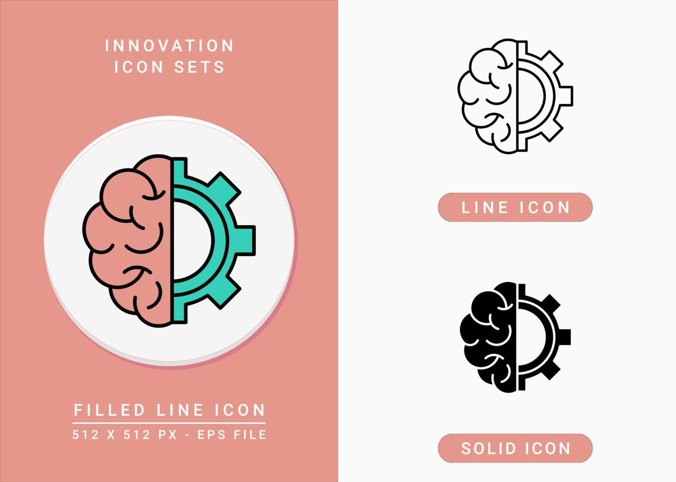 Innovation icons set vector illustration with solid icon line style. Gear and brain symbol. Editable stroke icon on isolated background for web design, user interface, and mobile app