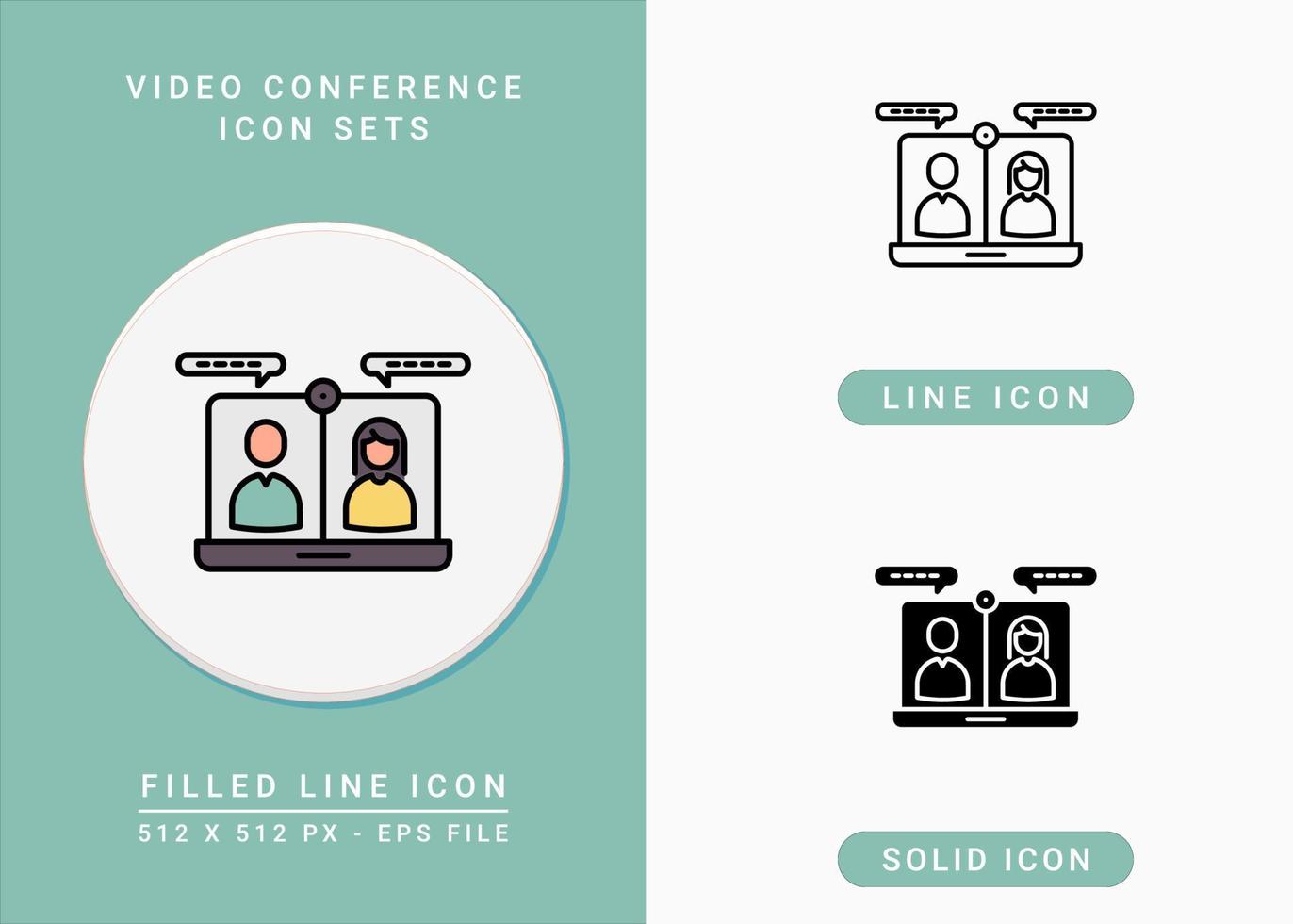 Video Conference icons set vector illustration with solid icon line style. Online communication concept. Editable stroke icon on isolated background for web design, infographic and UI mobile app.