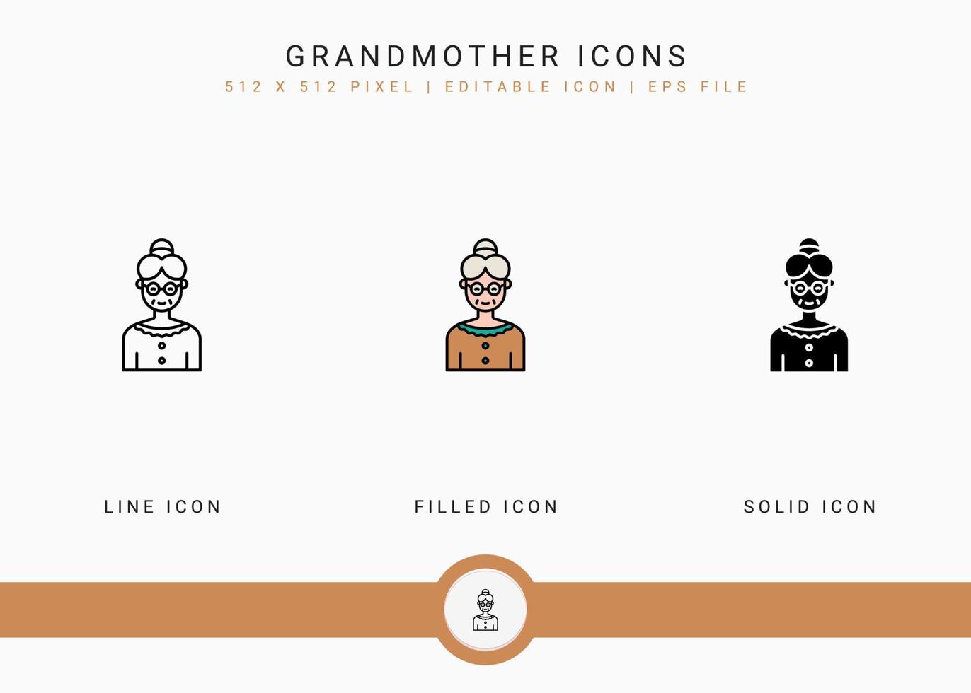 Grandmother icons set vector illustration with solid icon line style. Grandma face symbol. Editable stroke icon on isolated background for web design, user interface, and mobile app