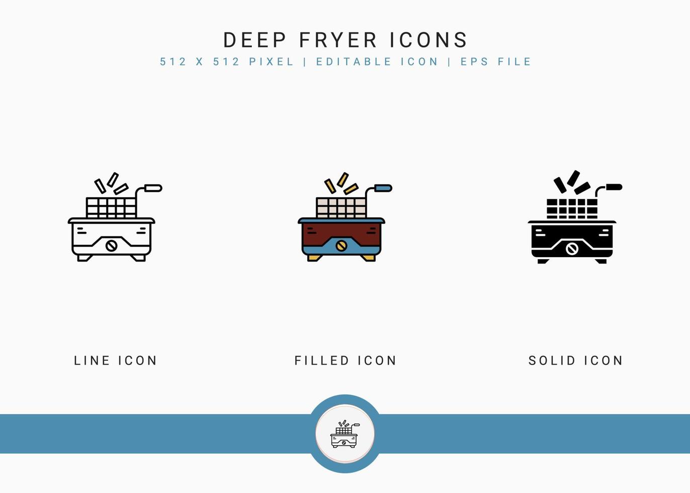Deep fryer icons set vector illustration with solid icon line style. Potato basket concept. Editable stroke icon on isolated background for web design, user interface, and mobile application