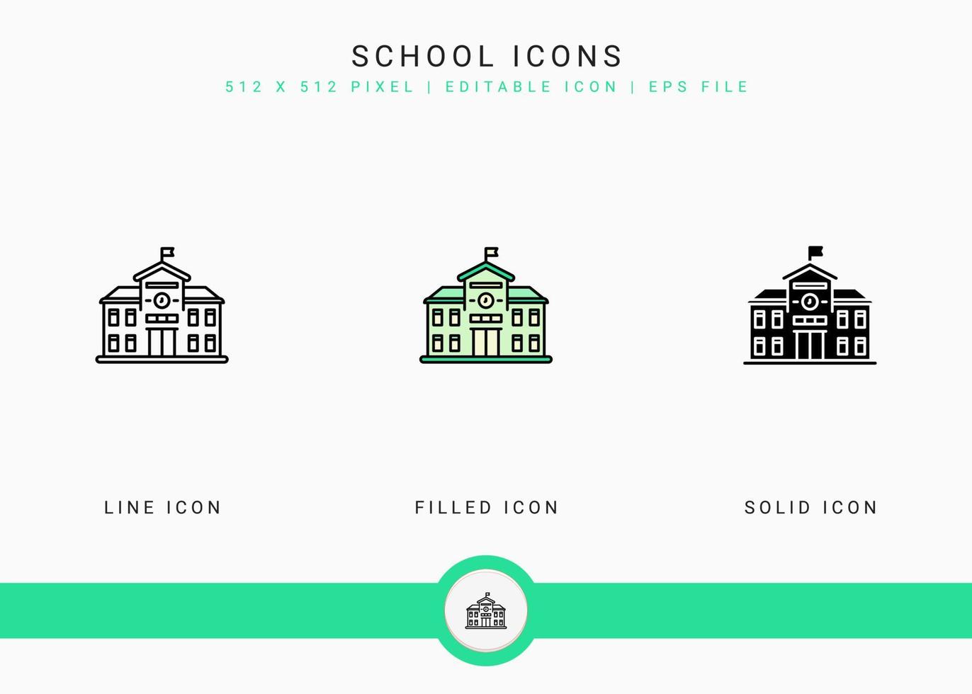 School icons set vector illustration with solid icon line style. City building concept. Editable stroke icon on isolated background for web design, user interface, and mobile app