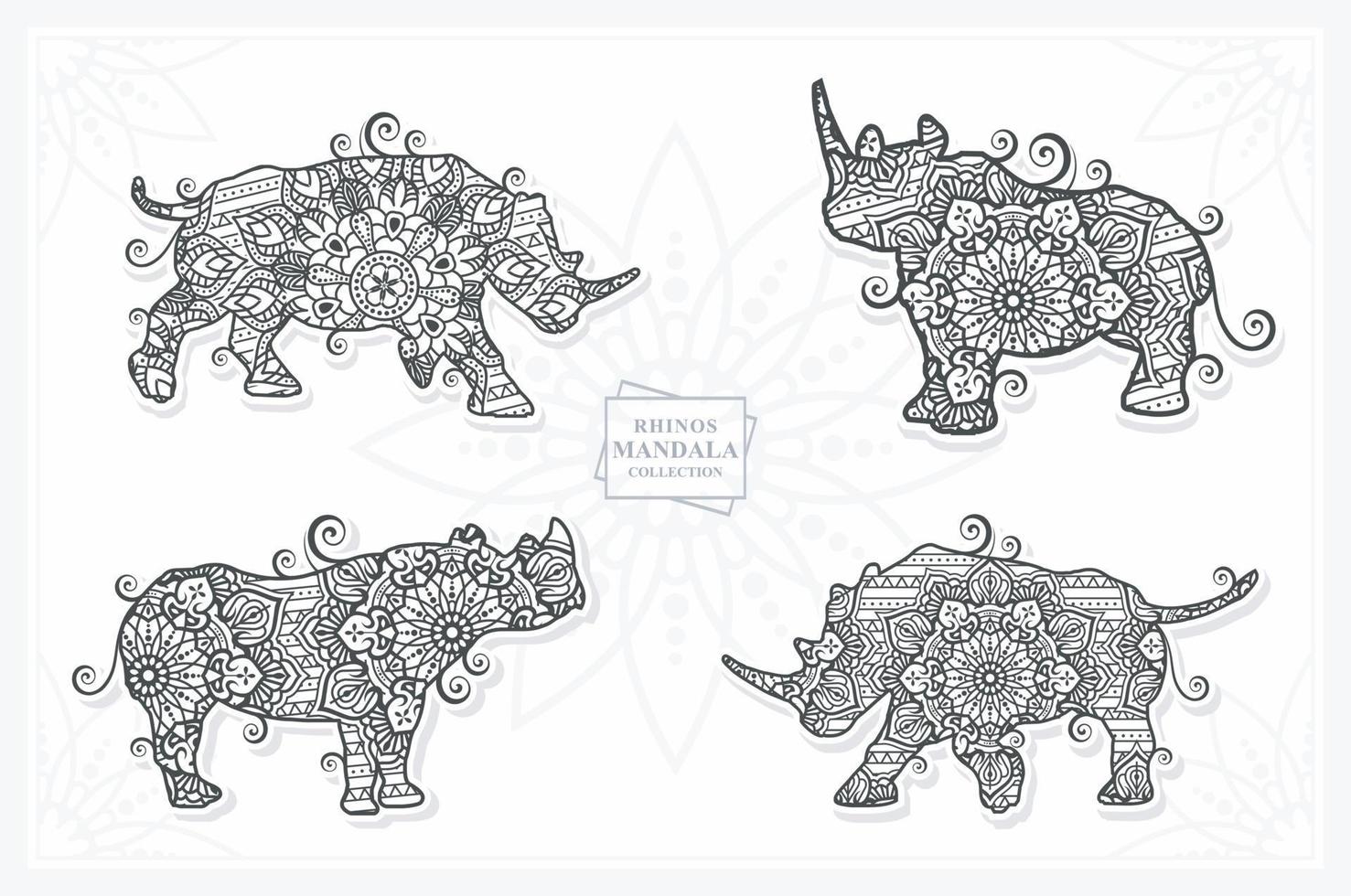 Rhinos Mandala with Flower. Vector, Line Art vector