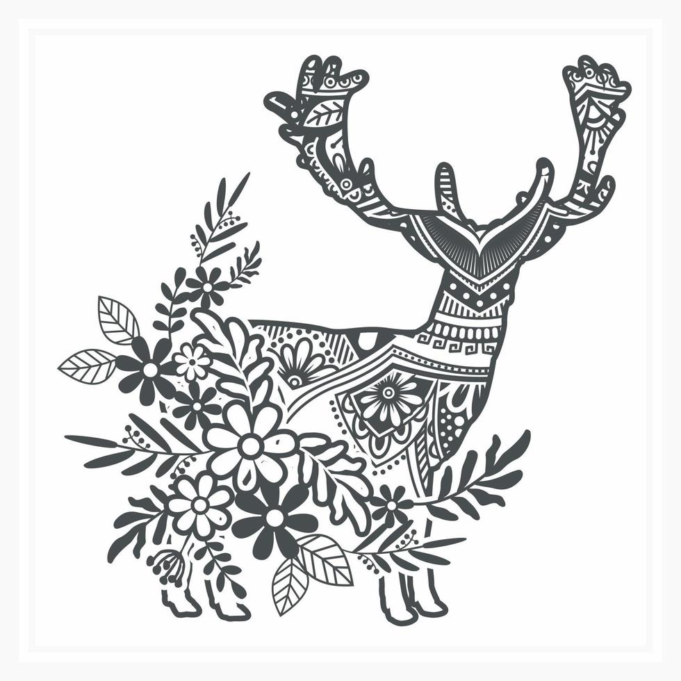 Reindeer Mandala with Flower. Vector, Line Art vector