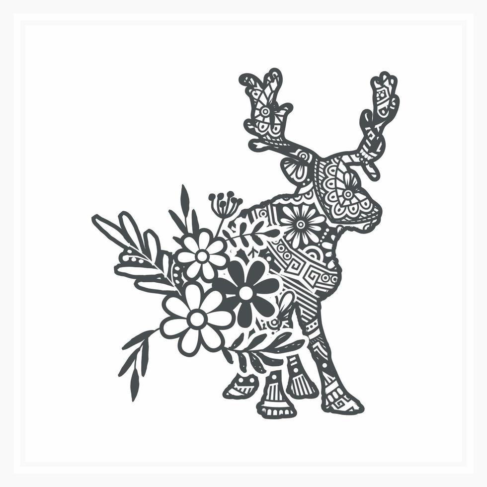 Reindeer Mandala with Flower. Vector, Line Art vector