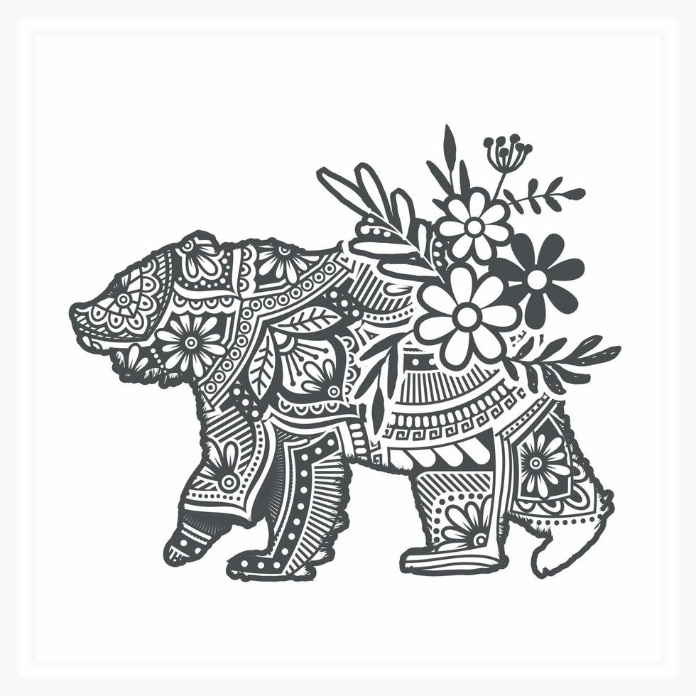 Bear Mandala with Flower. Vector, Line Art vector