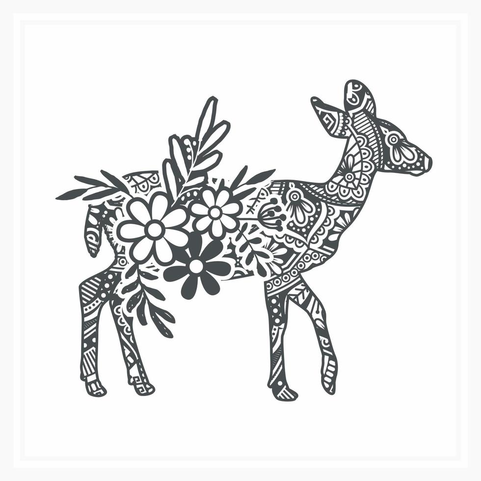 Deer Mandala with Flower. Vector, Line Art vector