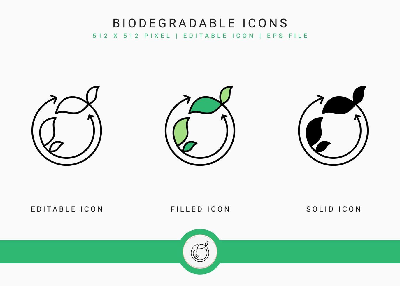 Biodegradable icons set vector illustration with solid icon line style. Recycle leaf concept. Editable stroke icon on isolated white background for web design, user interface, and mobile application