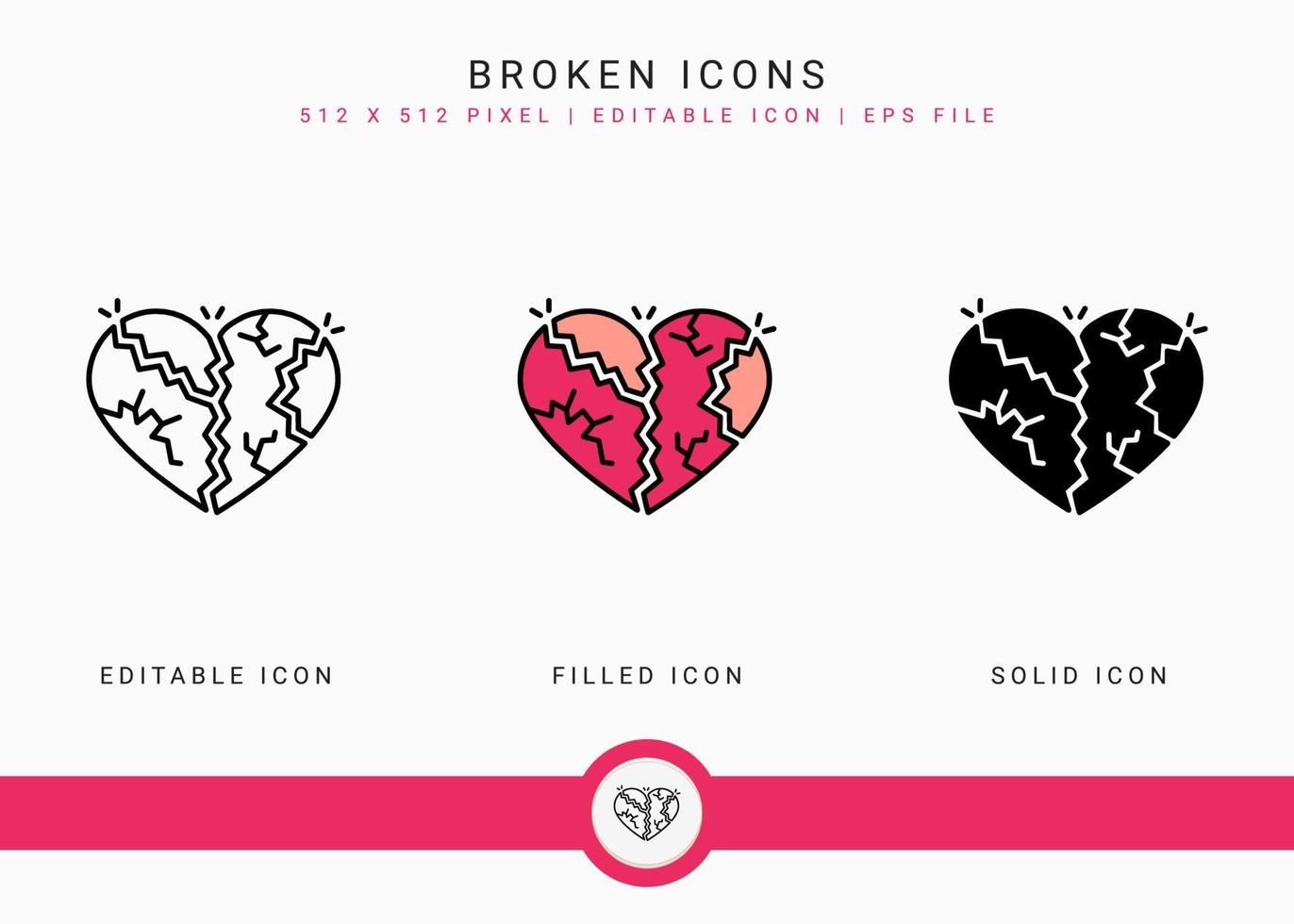 Broken icons set vector illustration with solid icon line style. Wedding love romance concept. Editable stroke icon on isolated background for web design, user interface, and mobile application