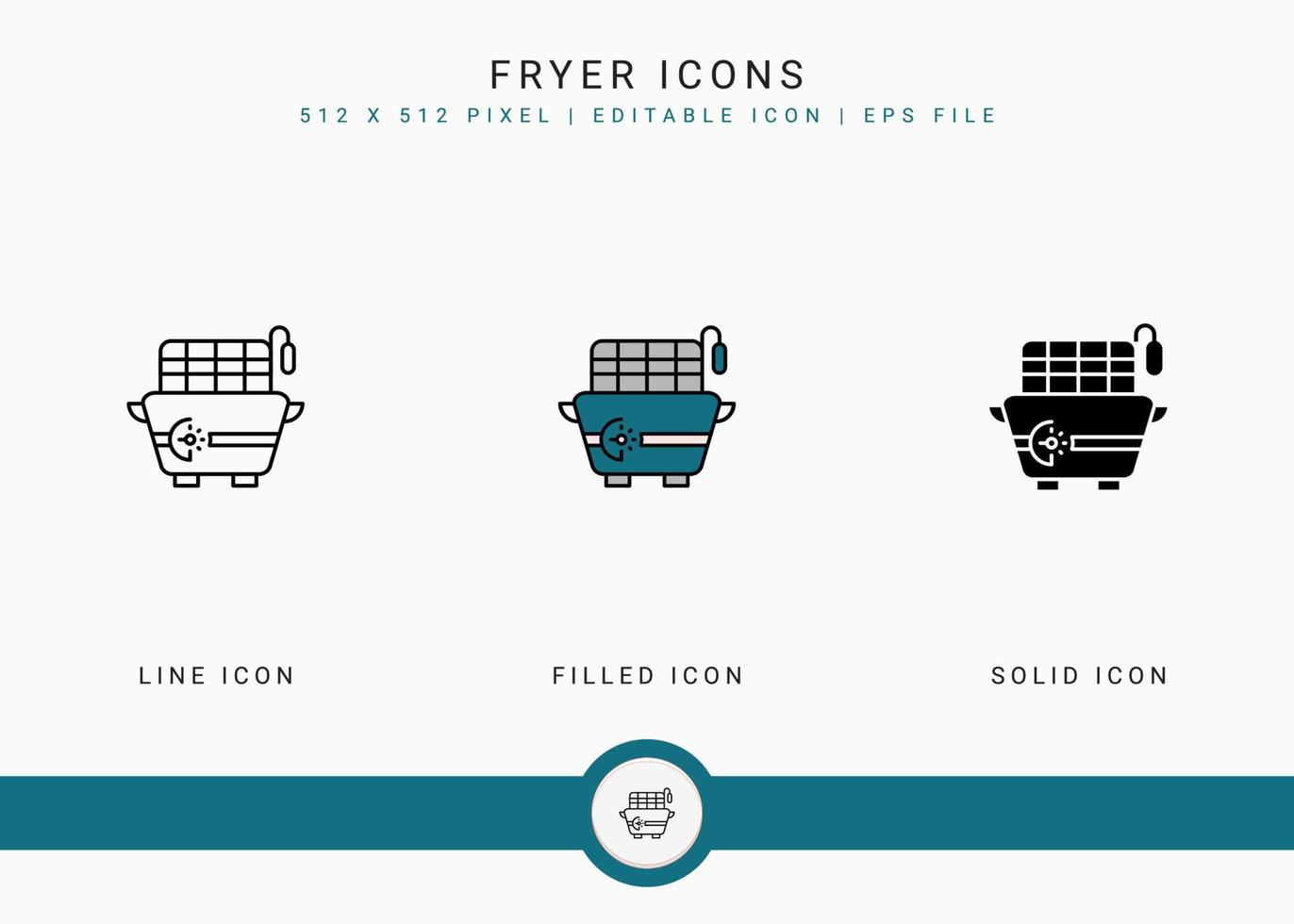 Fryer icons set vector illustration with solid icon line style. Potato fried basket concept. Editable stroke icon on isolated background for web design, user interface, and mobile app