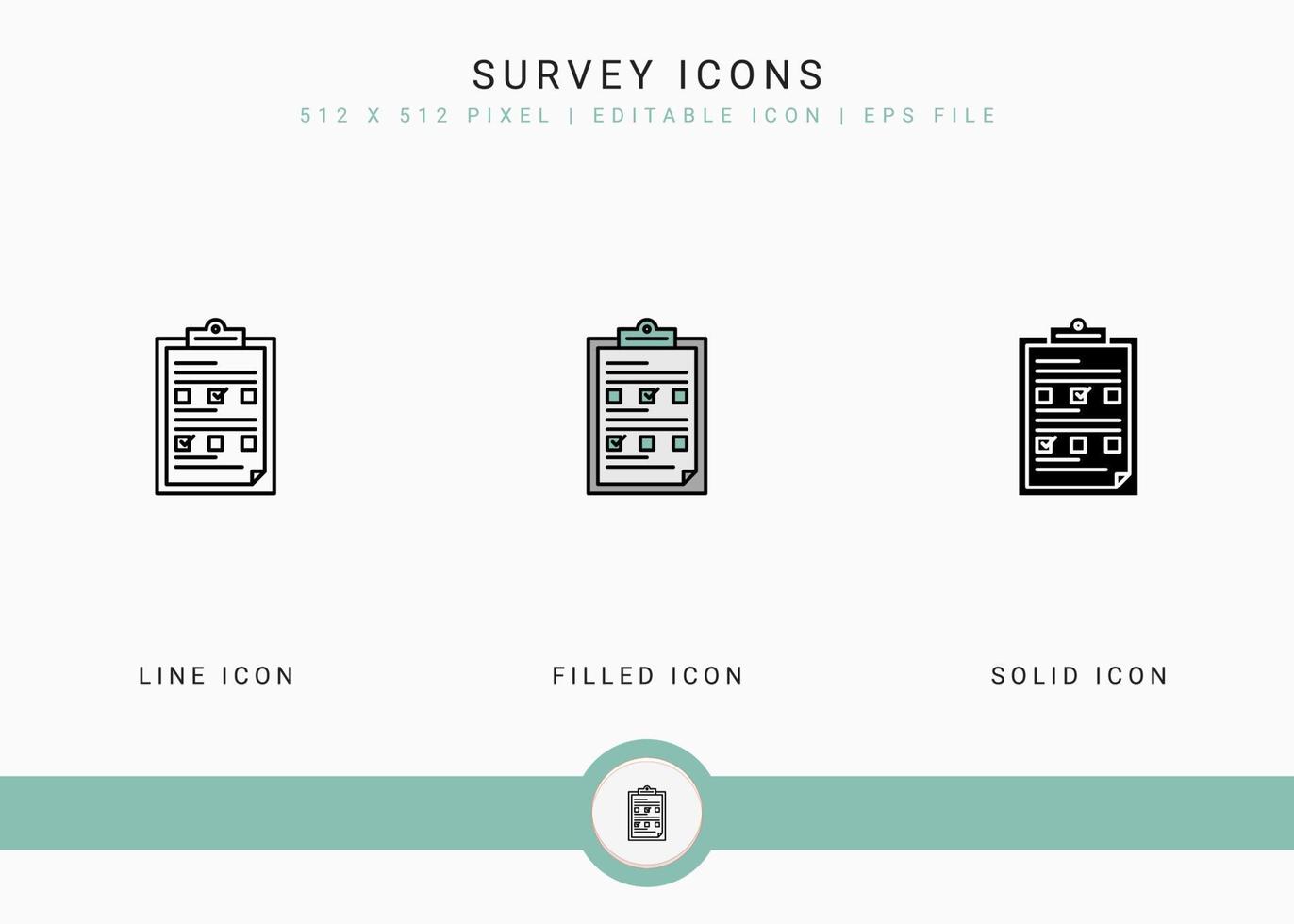 Survey icons set vector illustration with solid icon line style. Customer satisfaction check concept. Editable stroke icon on isolated background for web design, infographic and UI mobile app.