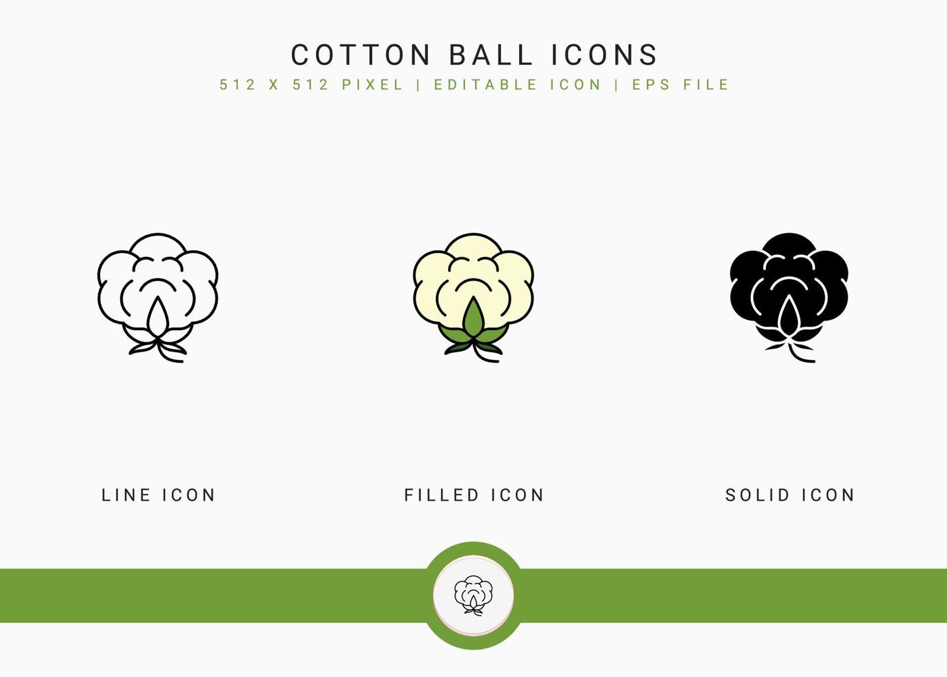 iconos de bolas de algodón establecen ilustración vectorial con estilo de línea de icono sólido. concepto de flor de algodón. icono de trazo editable en un fondo aislado para diseño web, interfaz de usuario y aplicación móvil vector