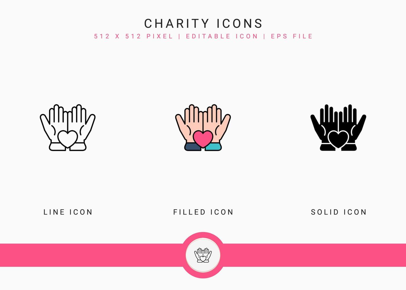 Charity icons set vector illustration with solid icon line style. Back give solidarity concept. Editable stroke icon on isolated background for web design, user interface, and mobile app