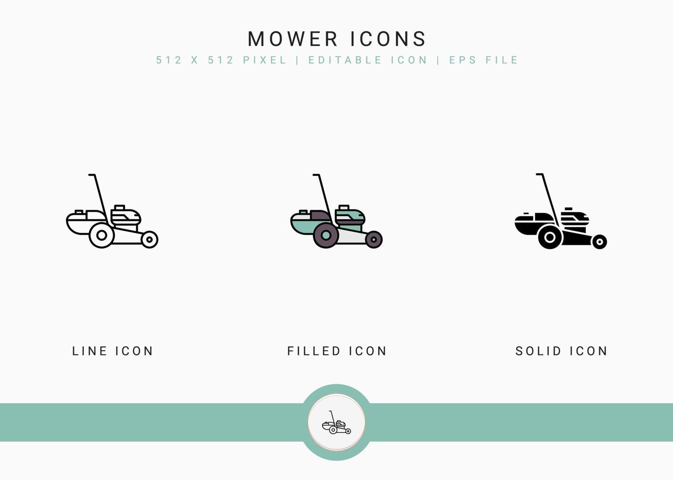 Mower icons set vector illustration with solid icon line style. Plant gardening agriculture concept. Editable stroke icon on isolated background for web design, user interface, and mobile app
