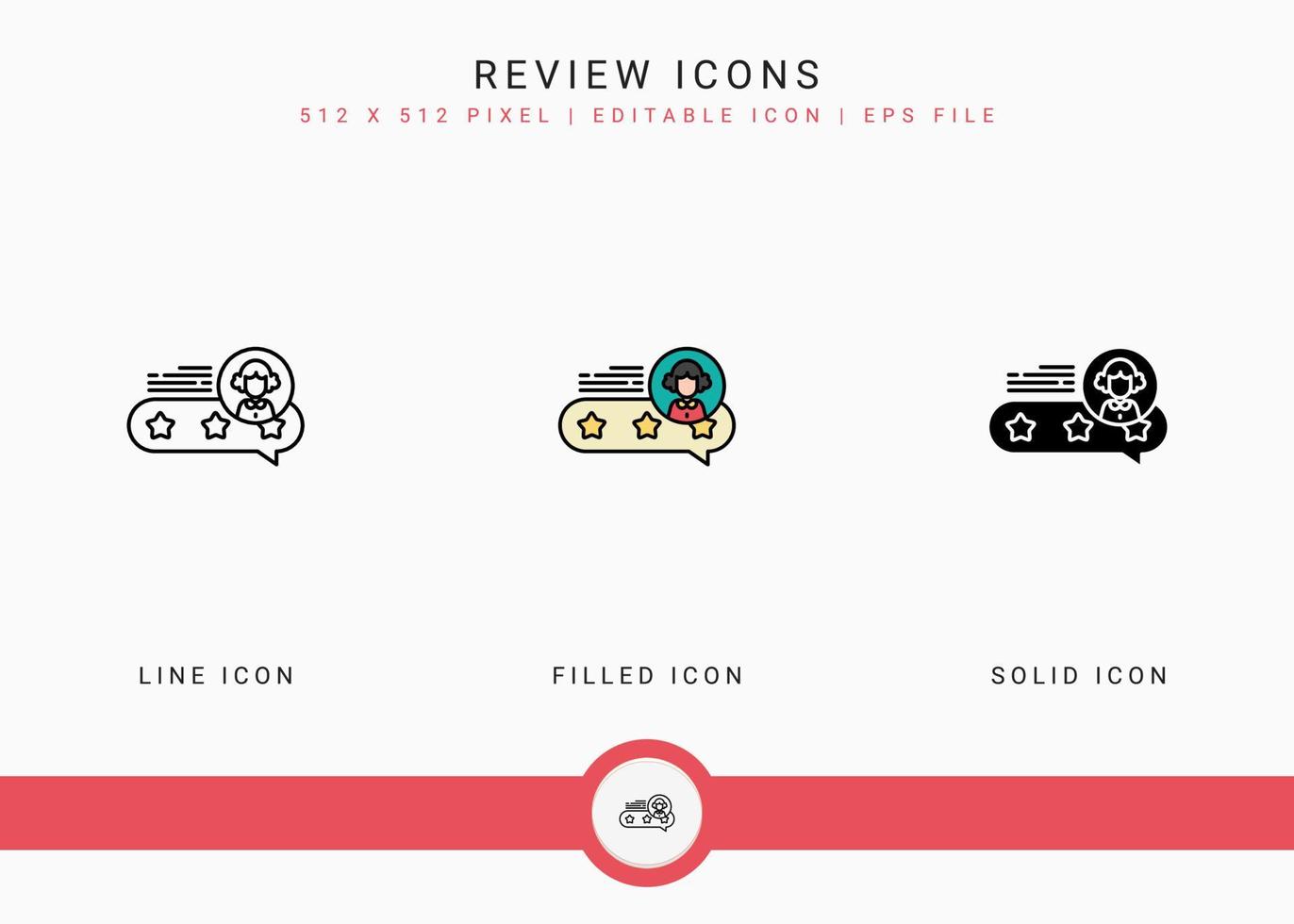 Review icons set vector illustration with solid icon line style. Customer satisfaction check concept. Editable stroke icon on isolated background for web design, infographic and UI mobile app.