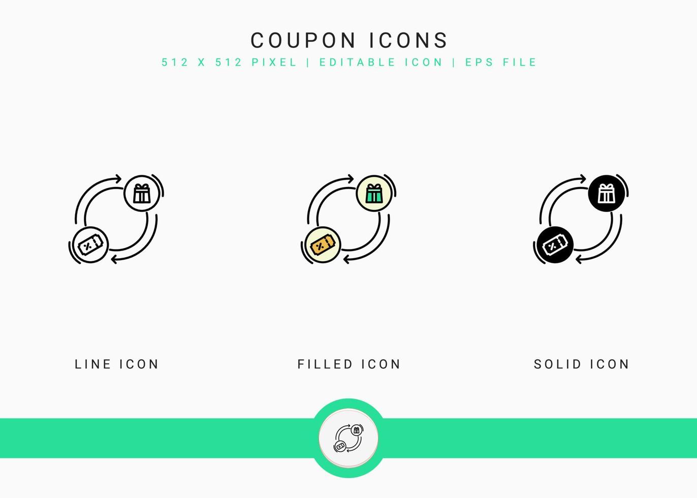 Coupon icons set vector illustration with solid icon line style. Loyalty member reward concept. Editable stroke icon on isolated background for web design, user interface, and mobile app