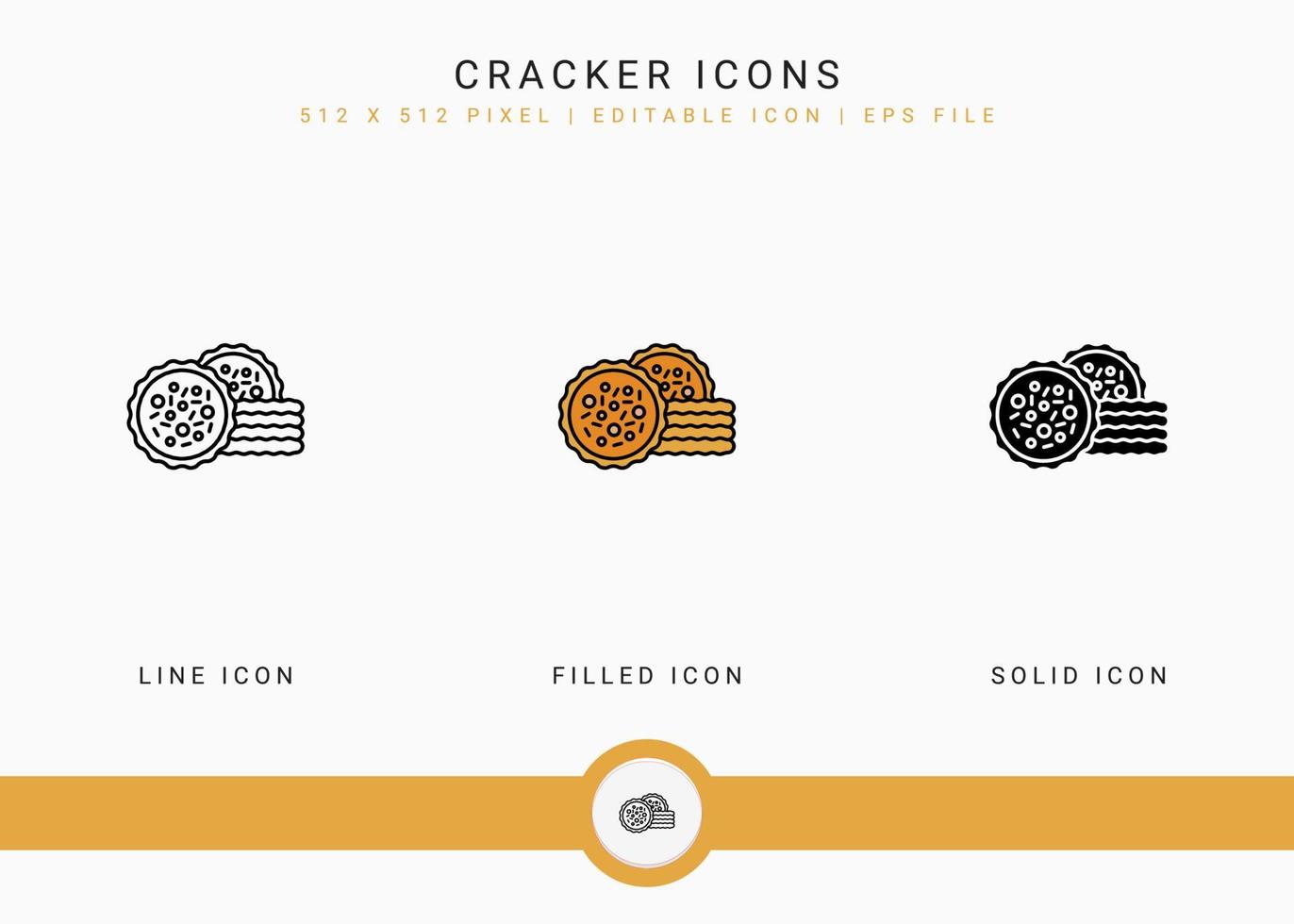 Cracker icons set vector illustration with solid icon line style. Cookie bite concept. Editable stroke icon on isolated background for web design, user interface, and mobile app