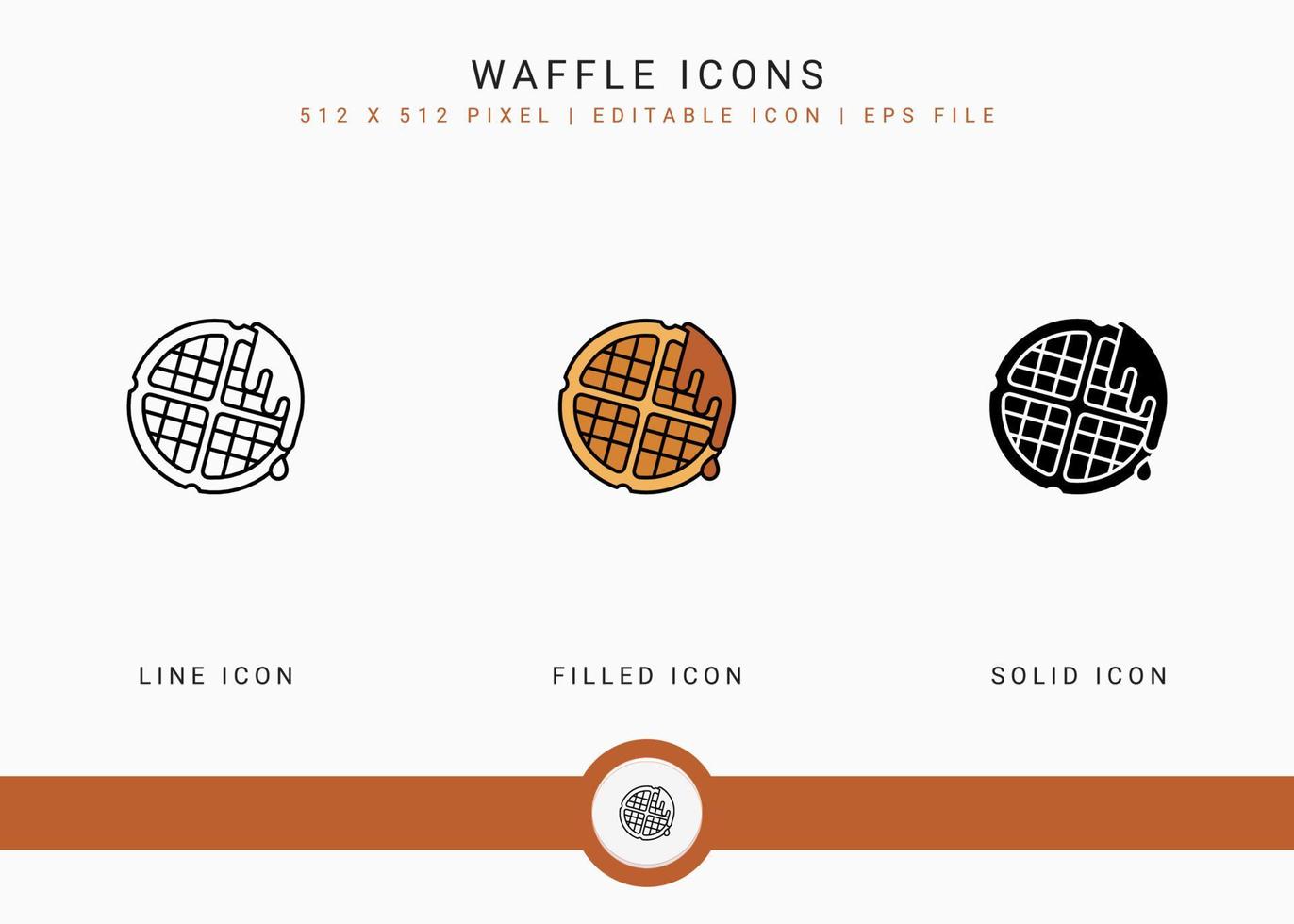 Waffle icons set vector illustration with solid icon line style. Cookie bake cake concept. Editable stroke icon on isolated background for web design, user interface, and mobile app