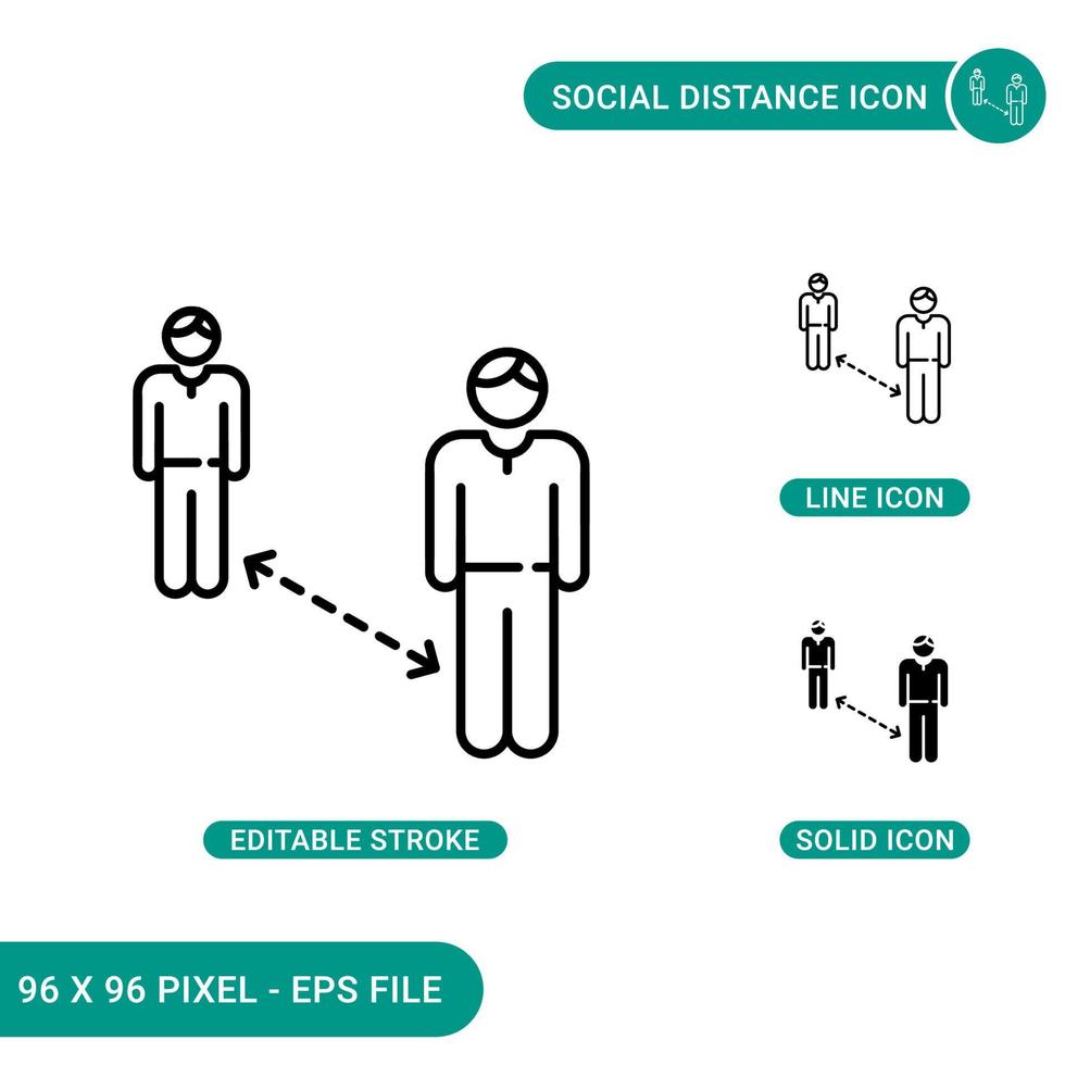 los iconos de distancia social establecen una ilustración vectorial con un estilo de línea de icono sólido. concepto de medidas públicas de seguridad. icono de trazo editable en un fondo aislado para diseño web, infografía y aplicación móvil ui. vector