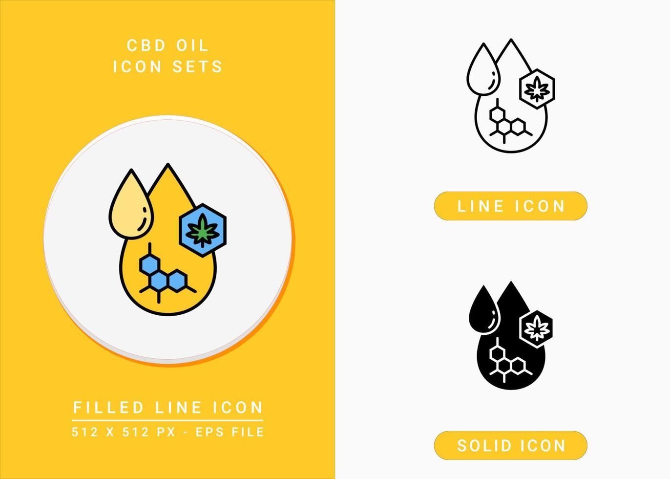 CBD oil icons set vector illustration with solid icon line style. Cannabis oil drop concept. Editable stroke icon on isolated background for web design, infographic and UI mobile app.