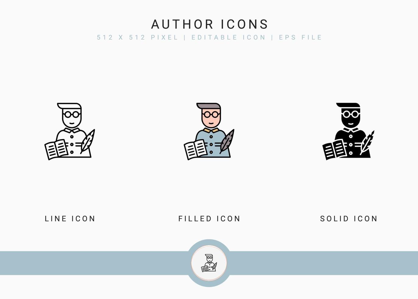 Author icons set vector illustration with solid icon line style. Journalist text publication concept. Editable stroke icon on isolated background for web design, user interface, and mobile application