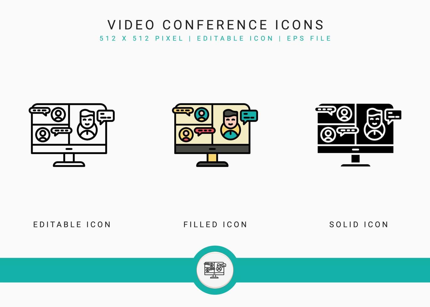 Video Conference icons set vector illustration with solid icon line style. Online communication concept. Editable stroke icon on isolated background for web design, infographic and UI mobile app.