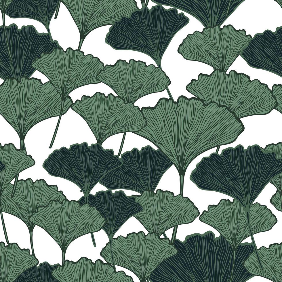 Seamless pattern engraved leaves Ginkgo Biloba. Vintage background botanical with foliage in hand drawn style. vector