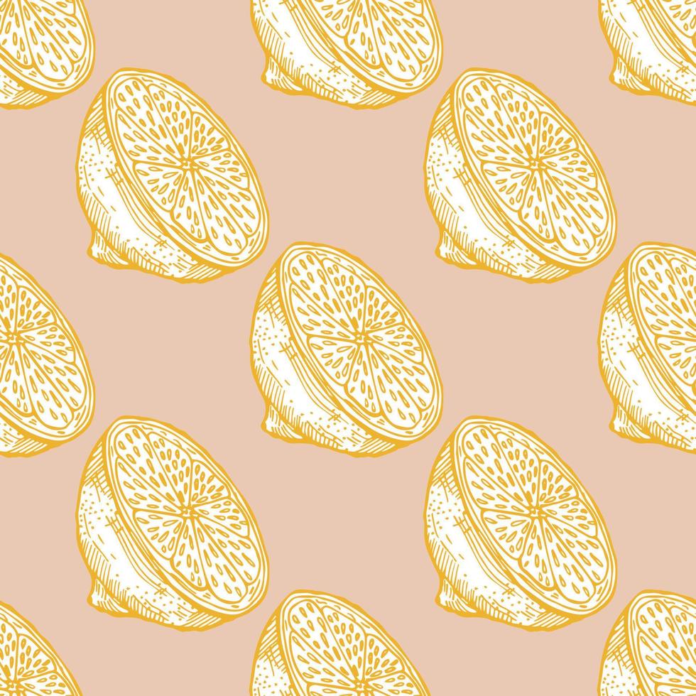 Seamless pattern lemon half engraving. Vintage background of citrus fruits in hand drawn style. vector
