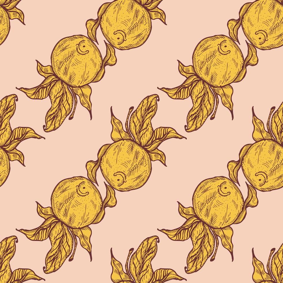 Seamless pattern engraved lemon on twig with leaves. Vintage background citrus fruit on branch in hand drawn style. vector