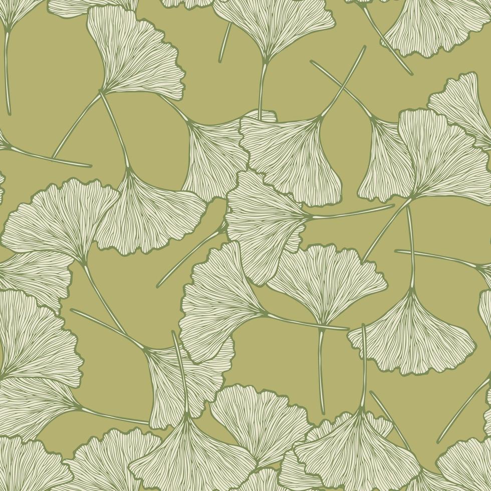 Seamless pattern engraved leaves Ginkgo Biloba. Vintage background botanical with foliage in hand drawn style. vector