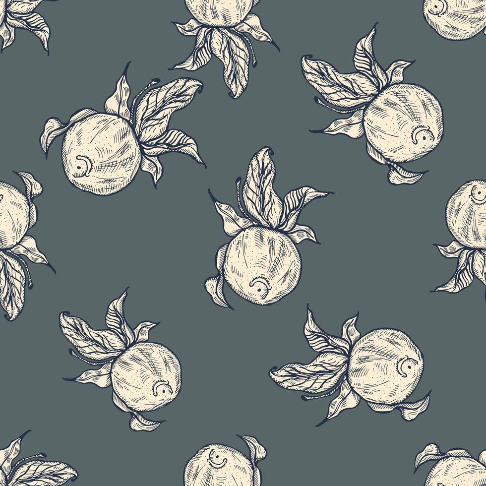 Seamless pattern engraved lemon on twig with leaves. Vintage background citrus fruit on branch in hand drawn style. vector