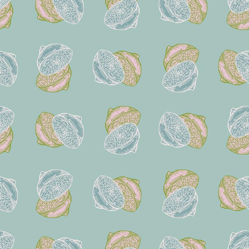 Seamless pattern lemon half engraving. Vintage background of citrus fruits in hand drawn style. vector