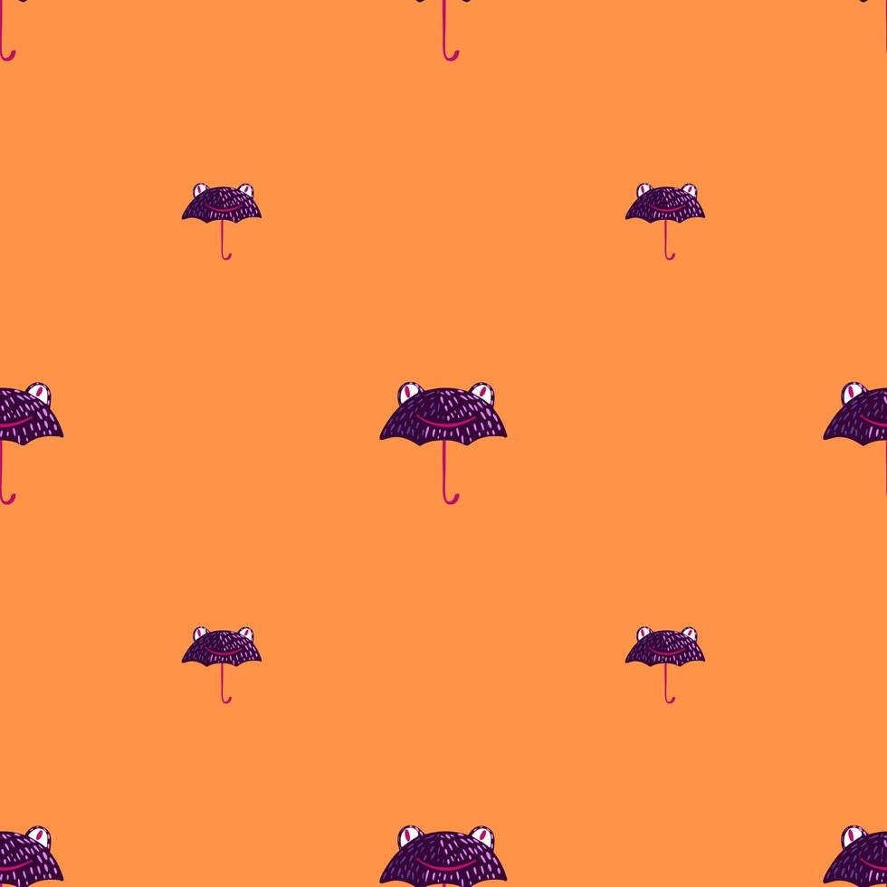 Seamless pattern cute frog umbrella. Background of funny accessory shape head toad in doodle style. vector