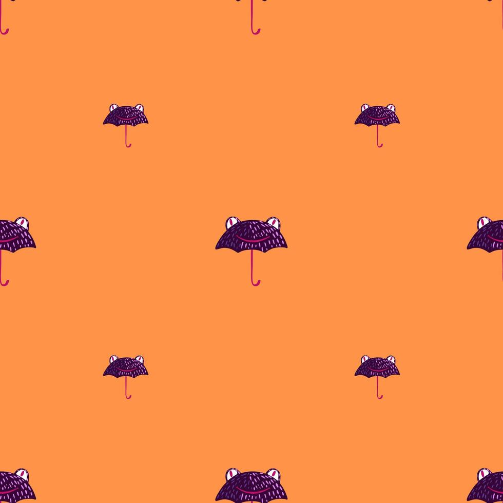 Seamless pattern cute frog umbrella. Background of funny accessory shape head toad in doodle style. vector