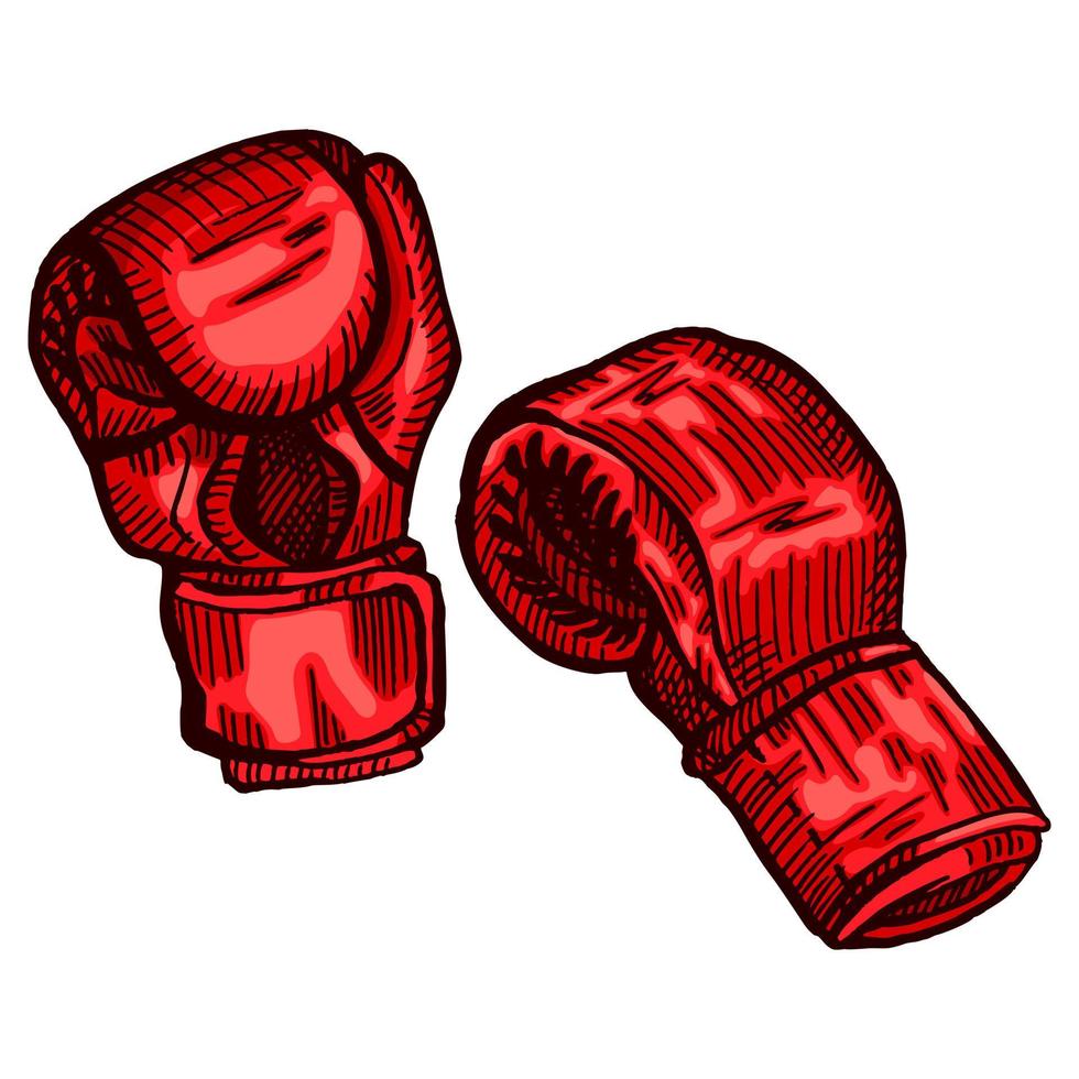 dibujo de guantes de boxeo rojos en un fondo blanco aislado. equipo deportivo antiguo para kickboxing en estilo grabado. vector