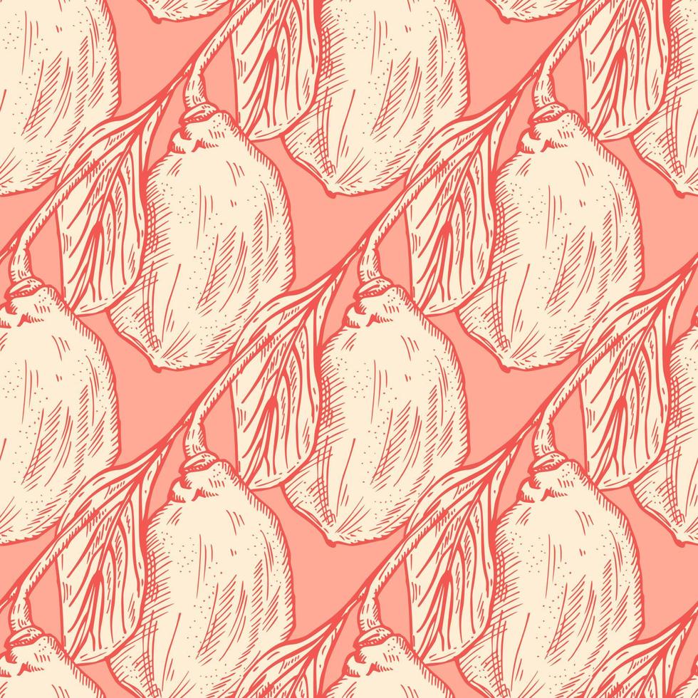 Seamless pattern engraved lemon on branch with leaves. Vintage background lime growing on twig in hand drawn style. vector