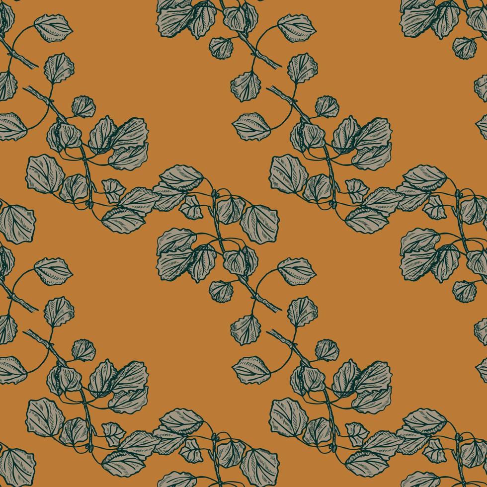 Seamless pattern engraved tree branches. Vintage background summer twigs in hand drawn style. vector