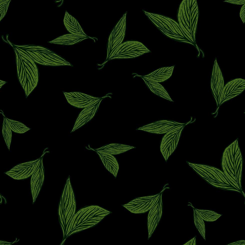 Seamless pattern engraved leaves. Vintage background of tea leaf in hand drawn style. vector