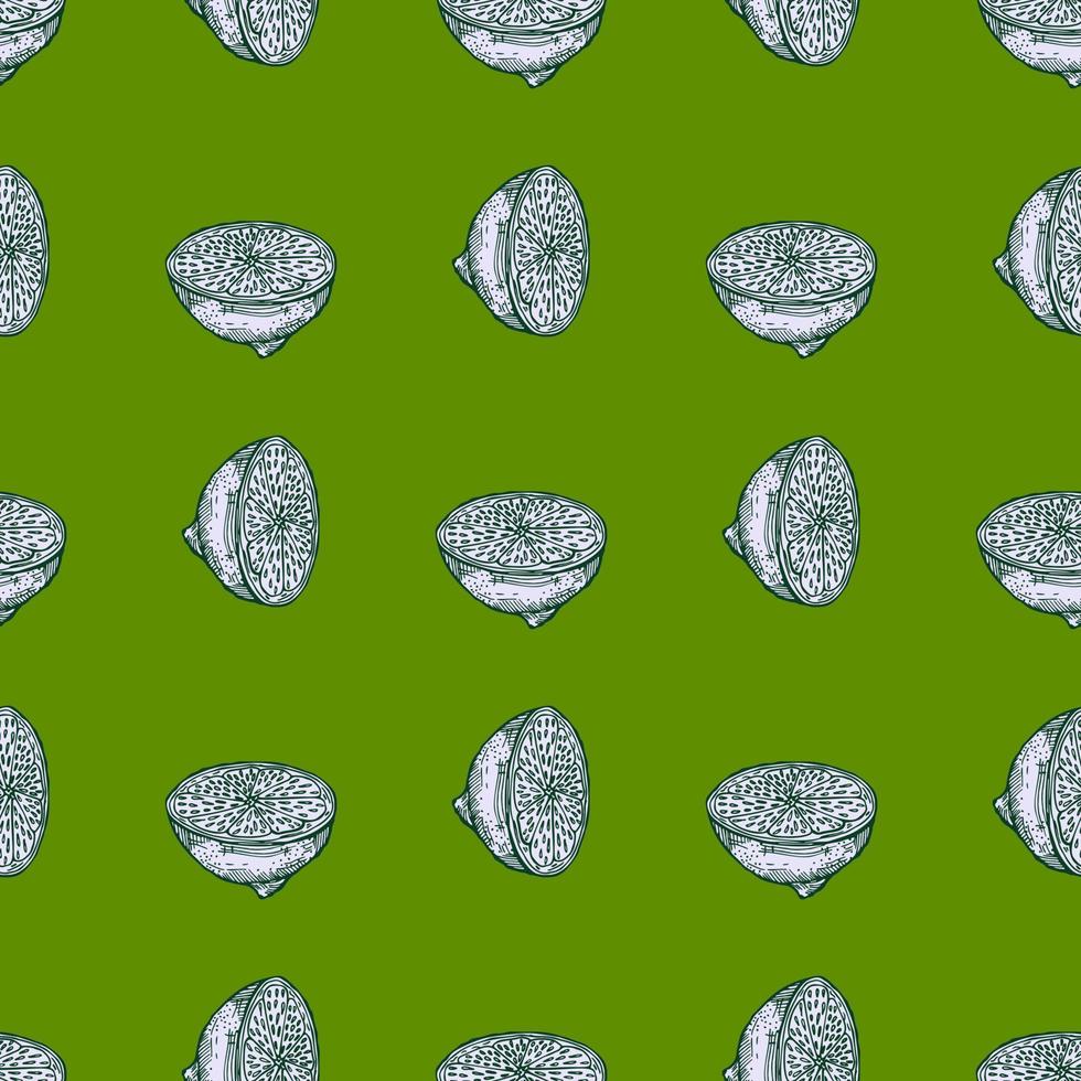 Seamless pattern lemon half engraving. Vintage background of citrus fruits in hand drawn style. vector