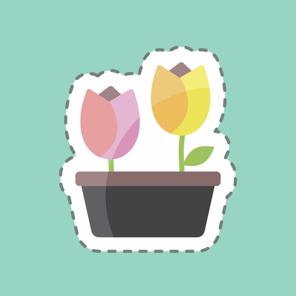 línea de pegatinas cortar tulipanes en maceta. adecuado para el símbolo de primavera. diseño simple editable. vector de plantilla de diseño. ilustración de símbolo simple